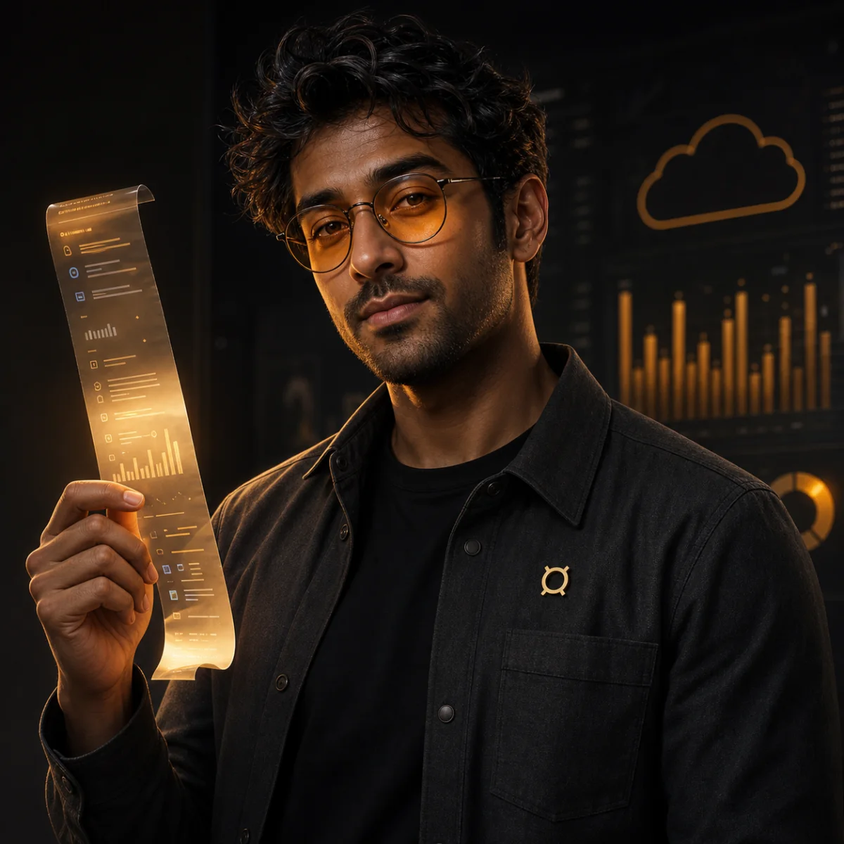 Illustration of Finn holding a glowing, receipt-like cloud cost report